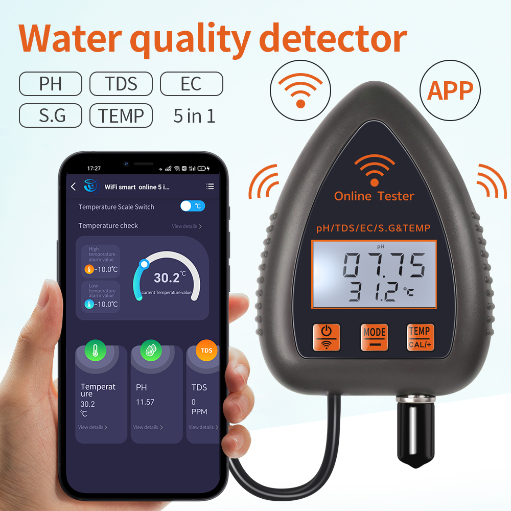 Ph Meter Digital Water Tester - Tuya WiFi 5 en 1 TDS/EC/SALT/S.G./TEMP